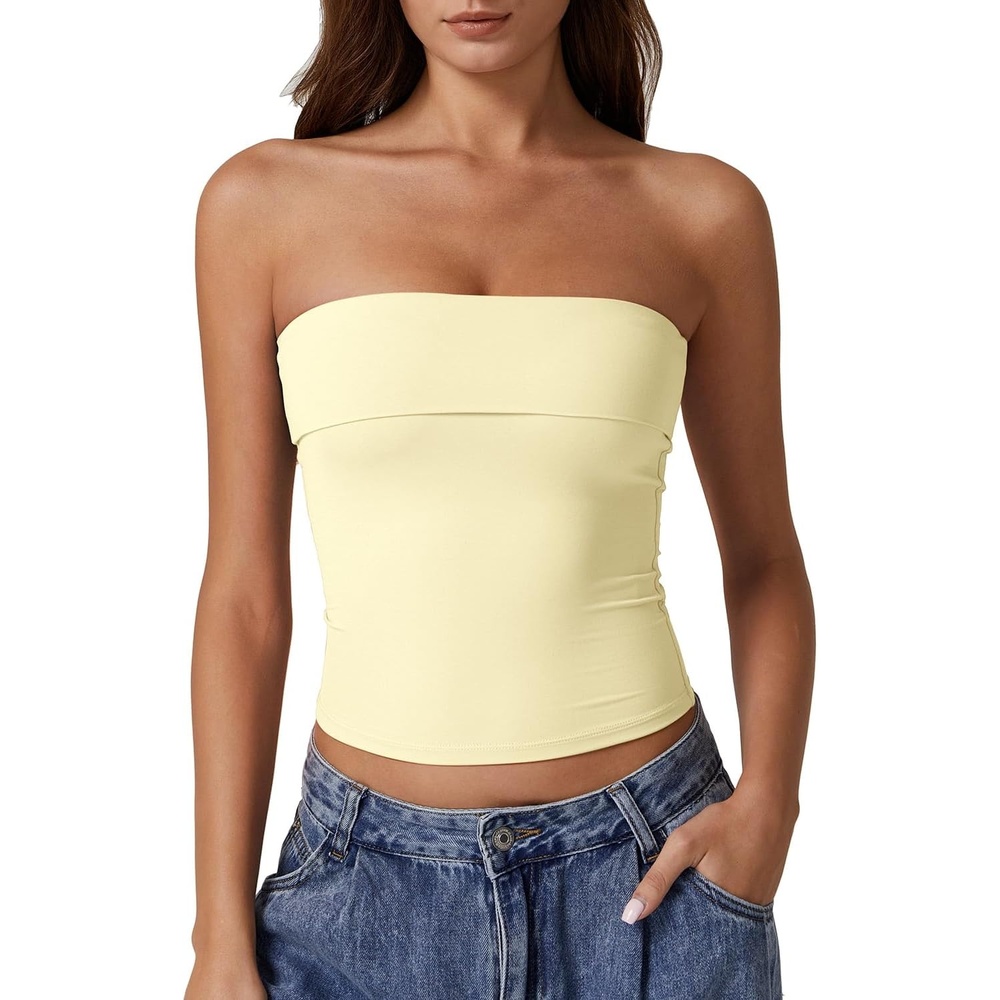 image:imageQINSEN Womens Tube Tops Strapless Bandeau Tops Double Lined Slim Fit Summer Going Out Tank TopsBaby Yellow