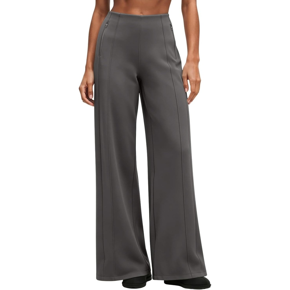 image:imageQINSEN Womens Wide Leg Yoga Pants High Waisted Zipper Pockets Stretchy Palazzo Pants with Drawstring HemDark Grey
