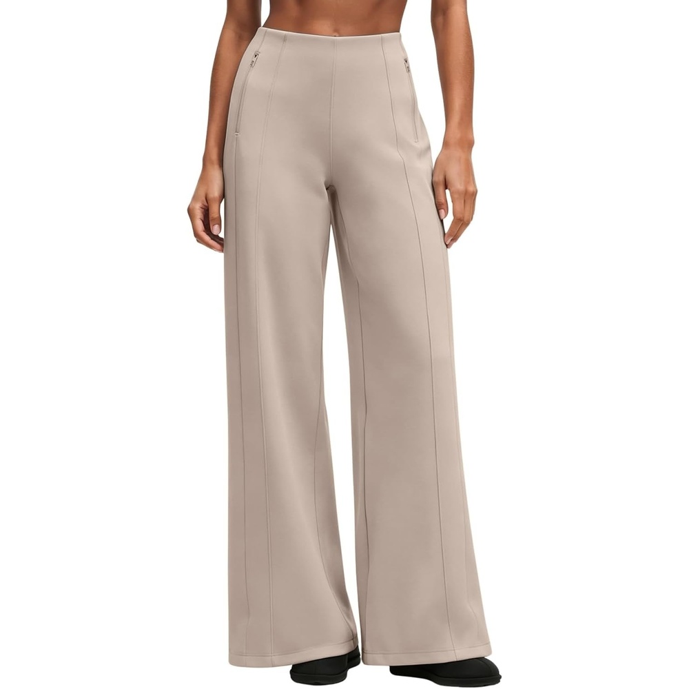 image:imageQINSEN Womens Wide Leg Yoga Pants High Waisted Zipper Pockets Stretchy Palazzo Pants with Drawstring HemLight Khaki
