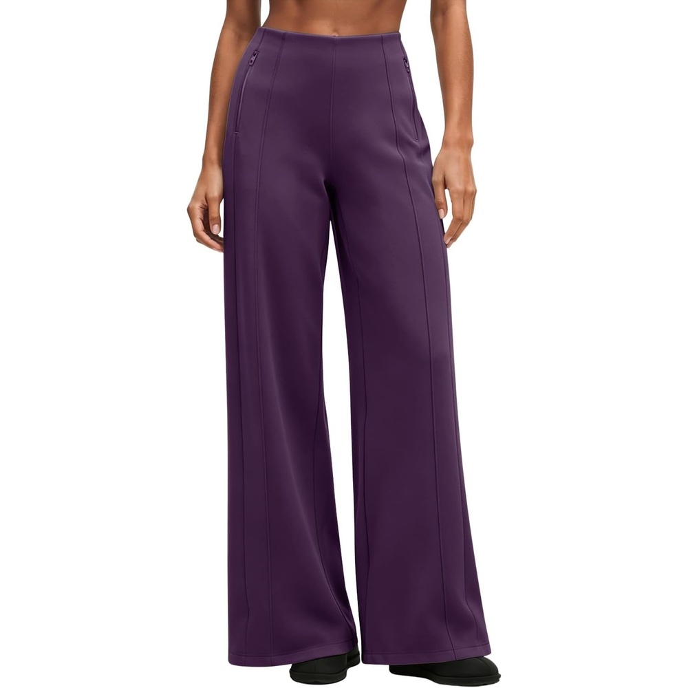 image:imageQINSEN Womens Wide Leg Yoga Pants High Waisted Zipper Pockets Stretchy Palazzo Pants with Drawstring HemPurple
