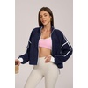 QINSEN Women Fleece Jacket Cropped Full-Zip Up Sherpa Jackets Warm Stand Collar Outerwear with Pockets(Navy)