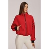 QINSEN Women Fleece Jacket Cropped Full-Zip Up Sherpa Jackets Warm Stand Collar Outerwear with Pockets(Red)