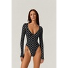 QINSEN Women’s Long Sleeve Bodysuit V Neck Body Suits Seamed Cup Going Out Tops Shirt(Black Polk Dots)