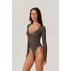 QINSEN Women’s Long Sleeve Bodysuit V Neck Body Suits Seamed Cup Going Out Tops Shirt(Coffee Polk Dots)