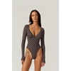 QINSEN Women’s Long Sleeve Bodysuit V Neck Body Suits Seamed Cup Going Out Tops Shirt(Coffee Polk Dots)