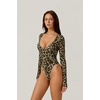 QINSEN Women’s Long Sleeve Bodysuit V Neck Body Suits Seamed Cup Going Out Tops Shirt(Leopard)