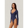 QINSEN Women’s Long Sleeve Bodysuit V Neck Body Suits Seamed Cup Going Out Tops Shirt(Navy Polk Dots)