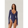 QINSEN Women’s Long Sleeve Bodysuit V Neck Body Suits Seamed Cup Going Out Tops Shirt(Navy Polk Dots)