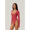QINSEN Women’s Long Sleeve Bodysuit V Neck Body Suits Seamed Cup Going Out Tops Shirt(Red Polk Dots)