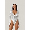 QINSEN Women’s Long Sleeve Bodysuit V Neck Body Suits Seamed Cup Going Out Tops Shirt(White Polk Dots)