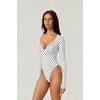 QINSEN Women’s Long Sleeve Bodysuit V Neck Body Suits Seamed Cup Going Out Tops Shirt(White Polk Dots)