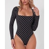QINSEN Women’s Sexy Square Neck Bodysuit Long Sleeve Double Lined Shirt Tops(Black Polk Dots)