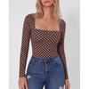 QINSEN Women’s Sexy Square Neck Bodysuit Long Sleeve Double Lined Shirt Tops(Coffee Polk Dots)