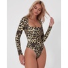 QINSEN Women’s Sexy Square Neck Bodysuit Long Sleeve Double Lined Shirt Tops(Leopard)