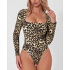 QINSEN Women’s Sexy Square Neck Bodysuit Long Sleeve Double Lined Shirt Tops(Leopard)