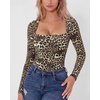 QINSEN Women’s Sexy Square Neck Bodysuit Long Sleeve Double Lined Shirt Tops(Leopard)