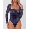 QINSEN Women’s Sexy Square Neck Bodysuit Long Sleeve Double Lined Shirt Tops(Navy With White Dots)