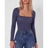 QINSEN Women’s Sexy Square Neck Bodysuit Long Sleeve Double Lined Shirt Tops(Navy With White Dots)
