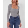 QINSEN Women’s Sexy Square Neck Bodysuit Long Sleeve Double Lined Shirt Tops(Plaid)