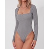 QINSEN Women’s Sexy Square Neck Bodysuit Long Sleeve Double Lined Shirt Tops(Plaid)