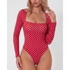 QINSEN Women’s Sexy Square Neck Bodysuit Long Sleeve Double Lined Shirt Tops(Red Polk Dots)