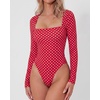 QINSEN Women’s Sexy Square Neck Bodysuit Long Sleeve Double Lined Shirt Tops(Red Polk Dots)