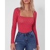 QINSEN Women’s Sexy Square Neck Bodysuit Long Sleeve Double Lined Shirt Tops(Red Polk Dots)