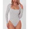 QINSEN Women’s Sexy Square Neck Bodysuit Long Sleeve Double Lined Shirt Tops(White Polk Dots)