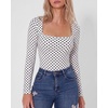 QINSEN Women’s Sexy Square Neck Bodysuit Long Sleeve Double Lined Shirt Tops(White Polk Dots)