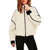 QINSEN Women Fleece Jacket Cropped Full-Zip Up Sherpa Jackets Warm Stand Collar Outerwear with Pockets(Beige)