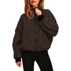 QINSEN Women Fleece Jacket Cropped Full-Zip Up Sherpa Jackets Warm Stand Collar Outerwear with Pockets(Brown)