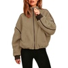QINSEN Women Fleece Jacket Cropped Full-Zip Up Sherpa Jackets Warm Stand Collar Outerwear with Pockets(Camel)