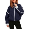 QINSEN Women Fleece Jacket Cropped Full-Zip Up Sherpa Jackets Warm Stand Collar Outerwear with Pockets(Navy)