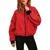 QINSEN Women Fleece Jacket Cropped Full-Zip Up Sherpa Jackets Warm Stand Collar Outerwear with Pockets(Red)