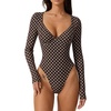 QINSEN Women’s Long Sleeve Bodysuit V Neck Body Suits Seamed Cup Going Out Tops Shirt(Coffee Polk Dots)