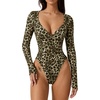 QINSEN Women’s Long Sleeve Bodysuit V Neck Body Suits Seamed Cup Going Out Tops Shirt(Leopard)