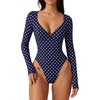 QINSEN Women’s Long Sleeve Bodysuit V Neck Body Suits Seamed Cup Going Out Tops Shirt(Navy Polk Dots)