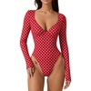 QINSEN Women’s Long Sleeve Bodysuit V Neck Body Suits Seamed Cup Going Out Tops Shirt(Red Polk Dots)