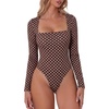 QINSEN Women’s Sexy Square Neck Bodysuit Long Sleeve Double Lined Shirt Tops(Coffee Polk Dots)