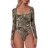 QINSEN Women’s Sexy Square Neck Bodysuit Long Sleeve Double Lined Shirt Tops(Leopard)