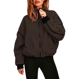 QINSEN Women Fleece Jacket Cropped Full-Zip Up Sherpa Jackets Warm Stand Collar Outerwear with Pockets(Brown)
