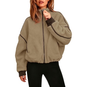 QINSEN Women Fleece Jacket Cropped Full-Zip Up Sherpa Jackets Warm Stand Collar Outerwear with Pockets(Camel)