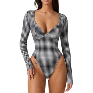QINSEN Women’s Long Sleeve Bodysuit V Neck Body Suits Seamed Cup Going Out Tops Shirt(Plaid)