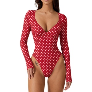 QINSEN Women’s Long Sleeve Bodysuit V Neck Body Suits Seamed Cup Going Out Tops Shirt(Red Polk Dots)