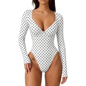QINSEN Women’s Long Sleeve Bodysuit V Neck Body Suits Seamed Cup Going Out Tops Shirt(White Polk Dots)
