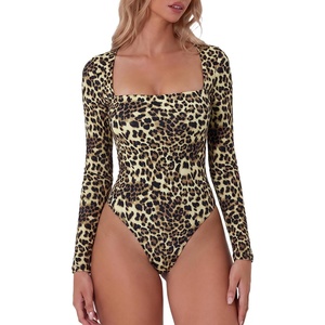 QINSEN Women’s Sexy Square Neck Bodysuit Long Sleeve Double Lined Shirt Tops(Leopard)