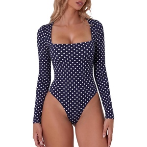 QINSEN Women’s Sexy Square Neck Bodysuit Long Sleeve Double Lined Shirt Tops(Navy With White Dots)