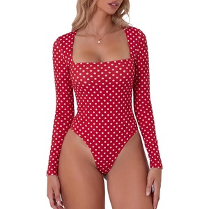 QINSEN Women’s Sexy Square Neck Bodysuit Long Sleeve Double Lined Shirt Tops(Red Polk Dots)