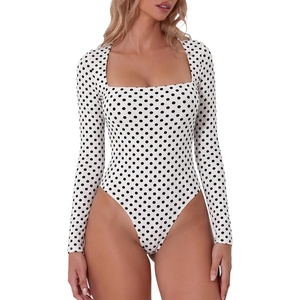 QINSEN Women’s Sexy Square Neck Bodysuit Long Sleeve Double Lined Shirt Tops(White Polk Dots)