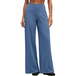 QINSEN Women’s Wide Leg Yoga Pants High Waisted Zipper Pockets Stretchy Palazzo Pants with Drawstring Hem(Haze Blue)